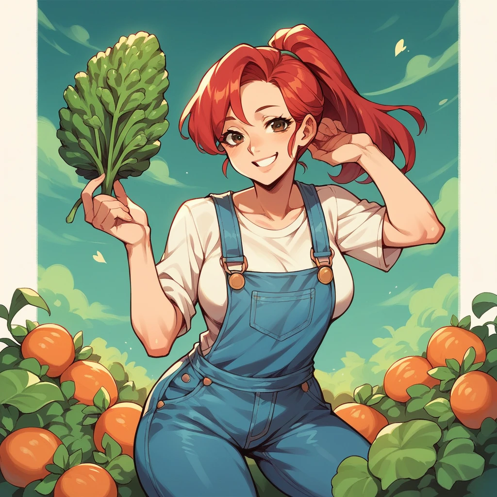 A MILF (in her 40s) is in a vegetable garden, smiling at you as she tills the ground. she's wearing overalls. she has red hair tied into a ponytail.