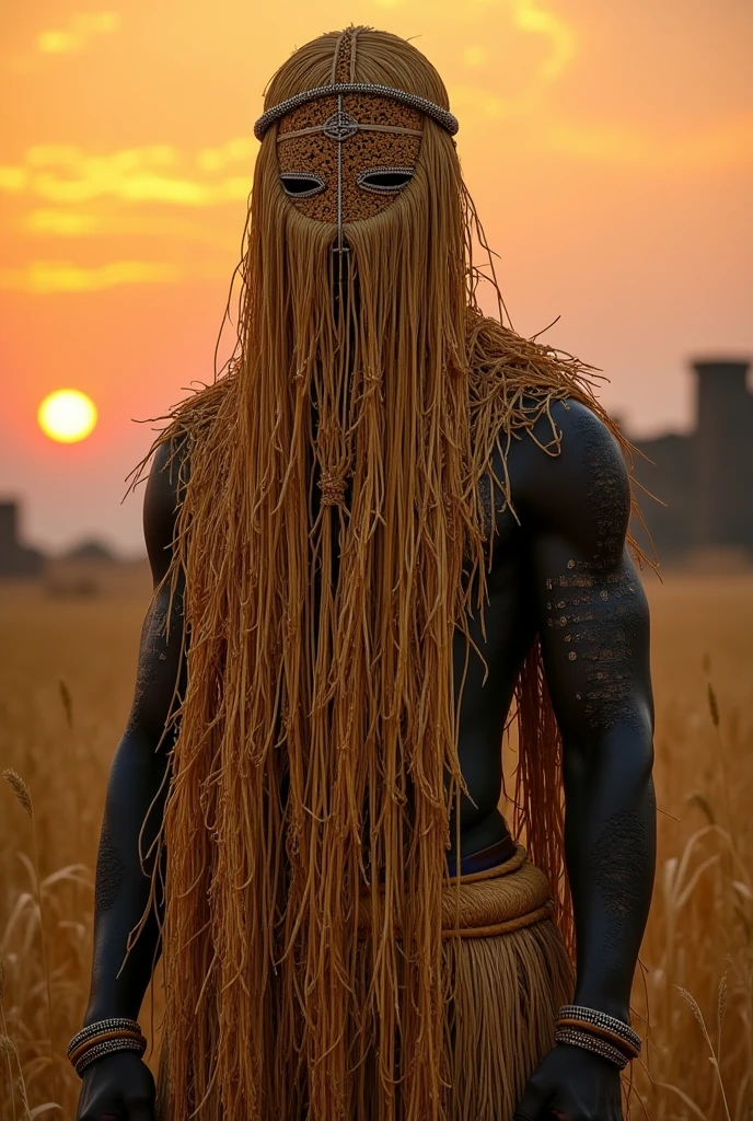 Black man covered in straw that covers his face and his entire body, he uses these straws to hide scars he has all over his body, His name is Obaluaiye and he is the king of an ancient empire that is located in what is now Nigeria. 