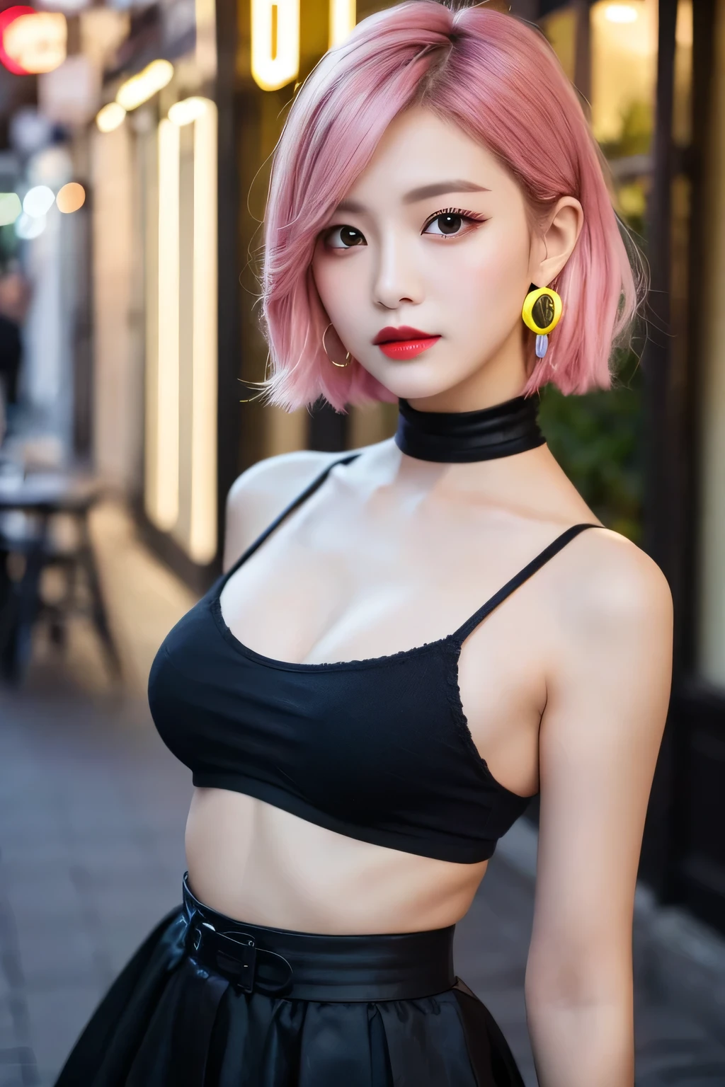 Highest quality, masterpiece,Pink Hair、Golden Eyes,gothic punk costume、look up, Upper Body,Hair bundle,Fair skin,(Realism:11.5、Realistic、Realistic)、black、Earrings、amount、Gothic skirt、Goth_punk, One Woman、alone, short hair, ((Midnight、Neon Town)), Looking at the audience, short hair, Cute Face、Portraiture, Side Lock、masterpiece、Highest quality、Best image quality、Highest Resolution、Very detailed、Super exquisite item、Realistic textured face and body、Small breasts:1.3、Tight waist、Deep Red Lipstick、Swollen eyes、Red eyeshadow、Dynamic pose、