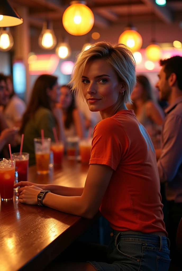 A beautiful blonde American woman with short hair sitting at a bar, wearing a t-shirt and a skirt with people in the background