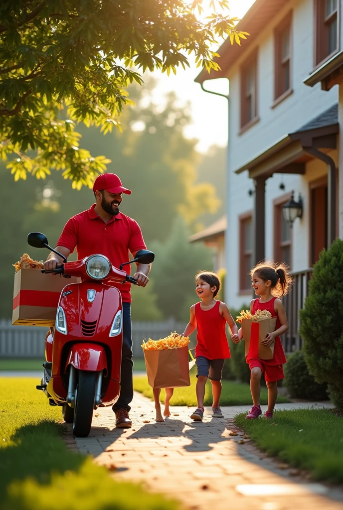 Fast food delivery driver delivering to homes, Family happily receiving their order