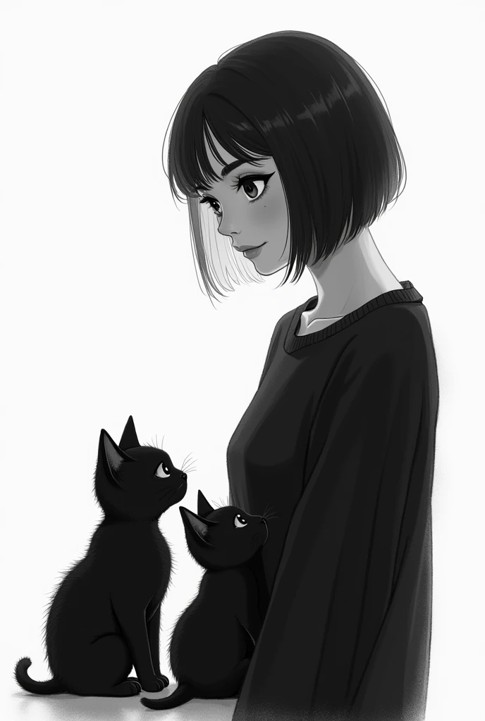 (Photorealism:1.2), black and white drawing of a tall woman, dressed in a black sweater, short black hair, with a tender gaze looking at two black kittens who look at her.