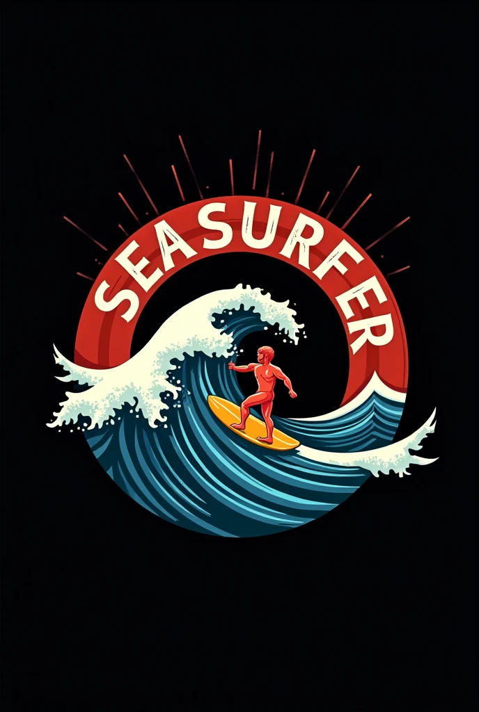 a circle logo, a surf mascot, "SEASSSURFER" text in the middle, black background, detailed logo design, intricate design, minimalist style, clean lines, geometric shapes, dynamic composition, bold typography, digital art, vector illustration, highly detailed, studio lighting, 8k, photorealistic, (best quality:1.2), (realistic:1.37)