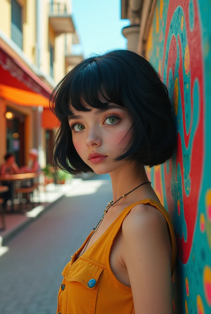 Girl with green eyes, short black hair, slim