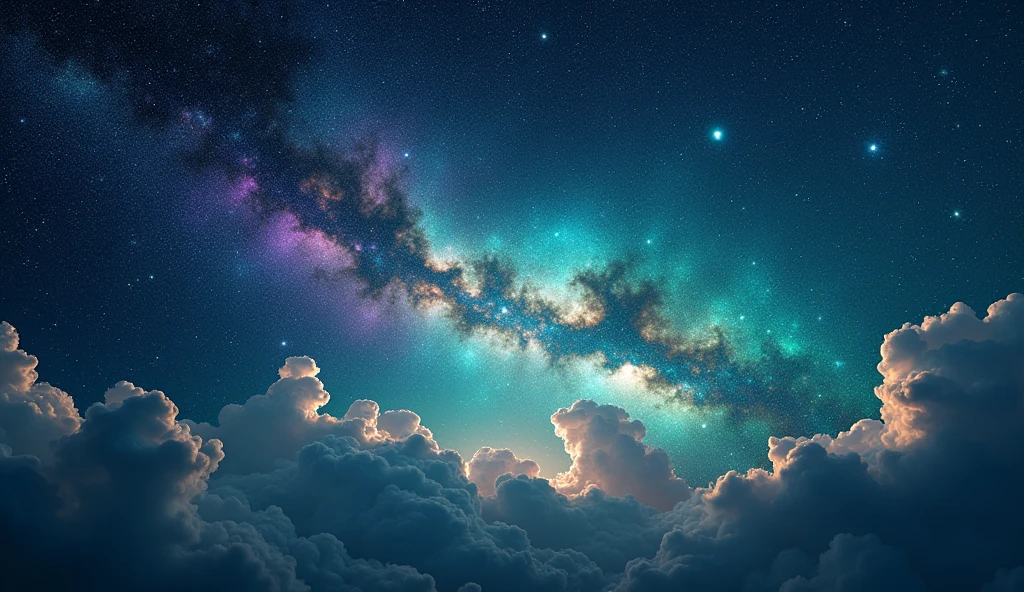 A grand scene of the sky being created, with stars and planets emerging. Dark colors with bright spots, creating a sense of mystery and wonder. Cosmic and expansive style.