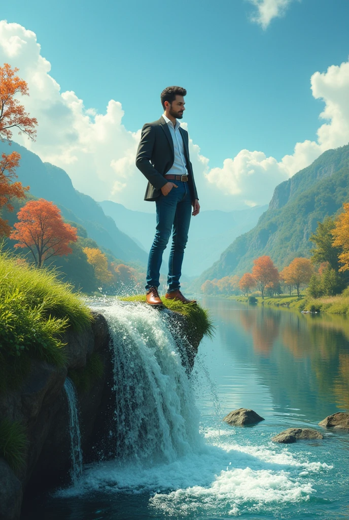 A person with one foot in a river of money and the other foot on solid ground