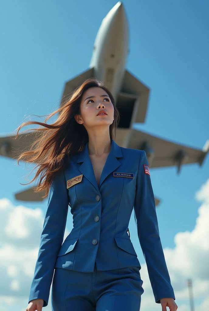 Beautiful Japanese Women、A woman in blue combat uniform、In the background is an F16 fighter jet、Long brown hair blowing in the wind、His eyes are directed towards the sky