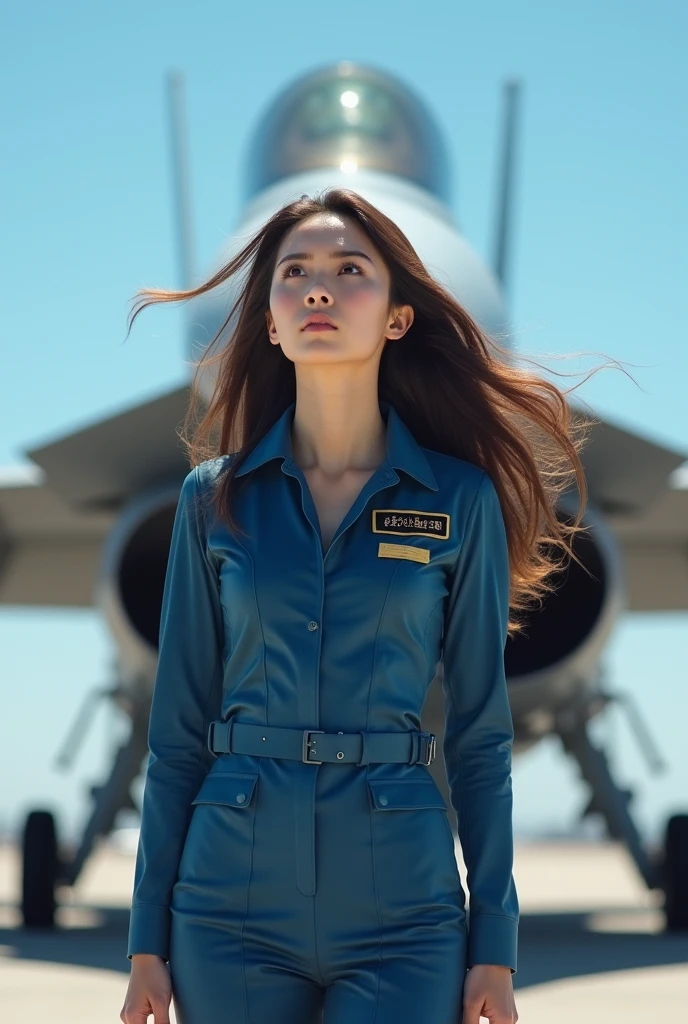 Beautiful Japanese Women、A woman in blue combat uniform、In the background is an F16 fighter jet、Long brown hair blowing in the wind、His eyes are directed towards the sky