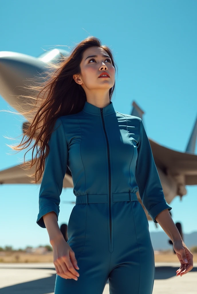 Beautiful Japanese Women、A woman in blue combat uniform、In the background is an F16 fighter jet、Long brown hair blowing in the wind、His eyes are directed towards the sky