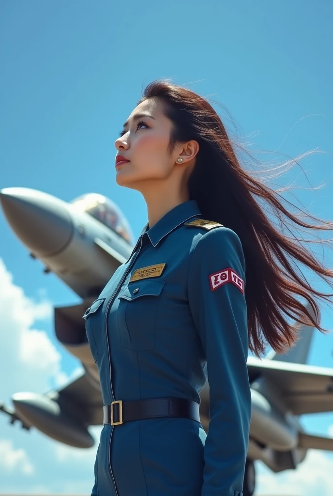 Beautiful Japanese Women、A woman in blue combat uniform、In the background is an F16 fighter jet、Long brown hair blowing in the wind、His eyes are directed towards the sky