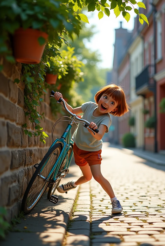 A  with a bob haircut falls off his bicycle, which crashes into a wall.
