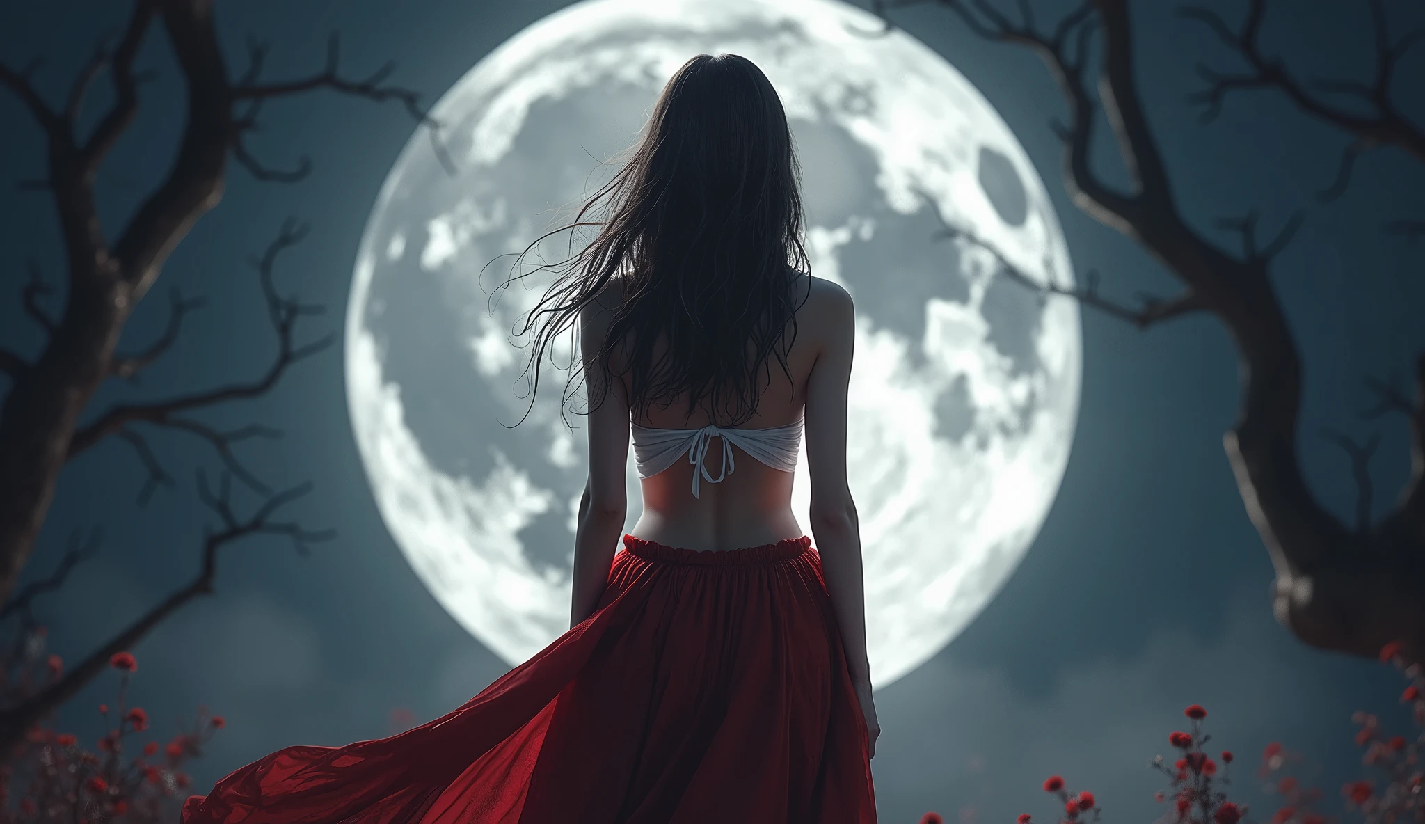 1 girl,skirt,new moon,whole body,, masterpiece,best quality,Super detailed,anatomically correct,((Best quality)), ((Masterpiece)), ((Realistic)),((4K resolution)), UHD ((( hips, )))