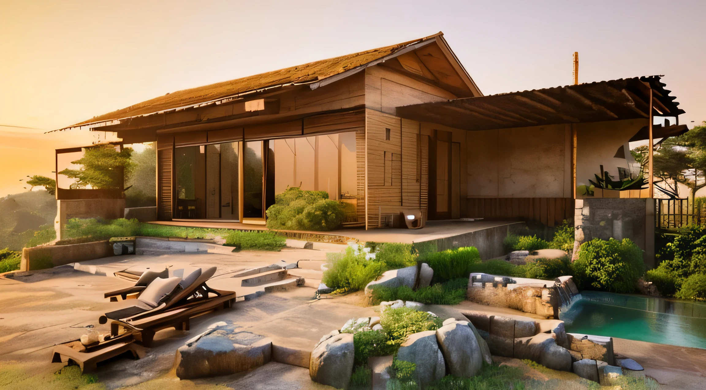 A small rustic-style house in Ninh Thuận, Vietnam, situated on a sloping hillside. It has clay walls, a spacious balcony made from oldwood, a small wooden roof, and large glass doors. The house is surrounded by rocky mountains and overlooks the sea, bathed in daylight, photo, 3d render