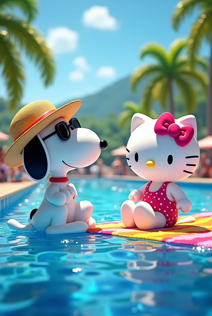 White Snoopy and Hello Kitty chatting by the Olympic pool