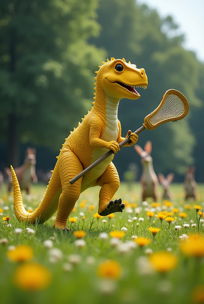 A yellow dinosaur playing lacrosse
