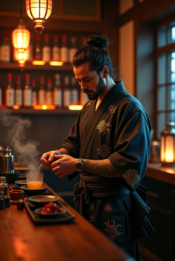 japanese samurai bartender, hyperrealistic, dim light