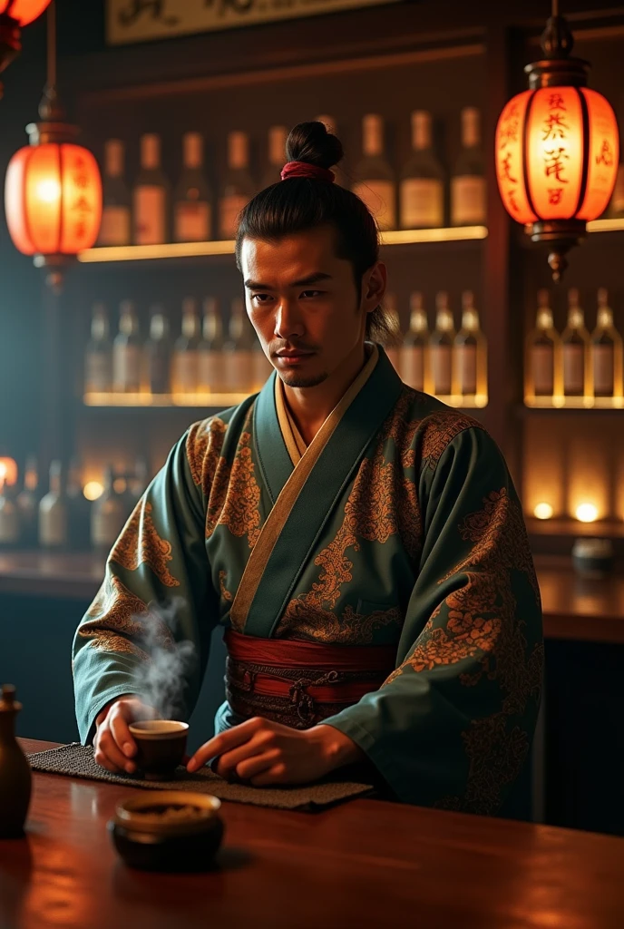 japanese samurai bartender, hyperrealistic, dim light