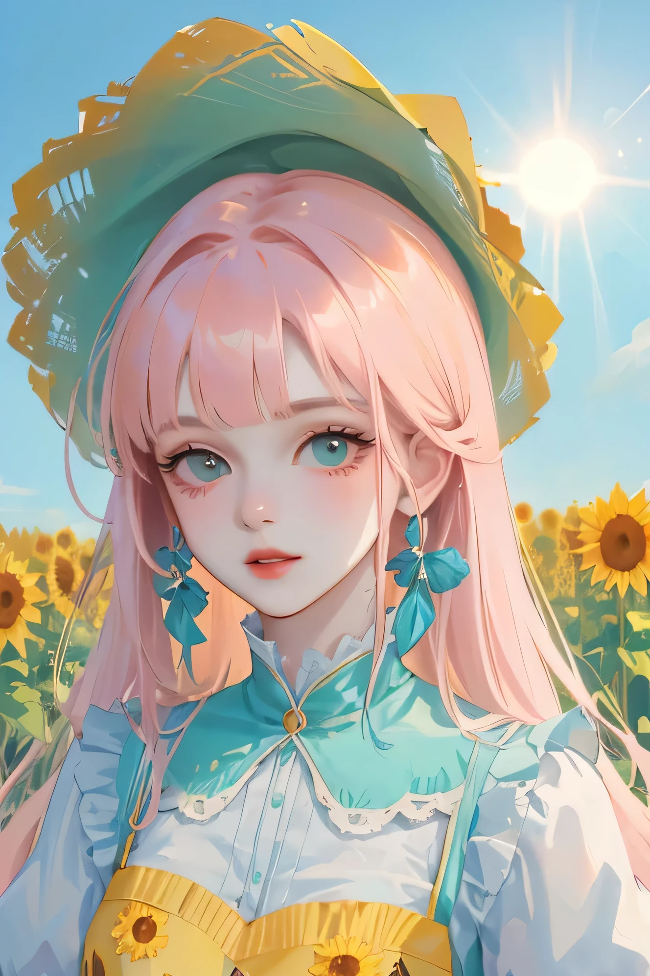 (high quality) (Best Quality) (Una women) (correct physiognomy) (perfect students) (Perfect eyes) women, pink hair with bangs on the forehead, eyes with heterochromia, one green eye and the other golden, sensitive lips, feminine appearance, soft facial features, thin eyebrows, soft skin, rosy cheeks, pink lips, silky eyelashes, dreamy expression, Middle age, youth clothing, Lolita-style dress with a lolita-style hat on the head, photo illuminated by sunlight,in a field of sunflowers