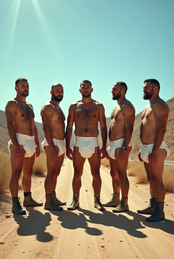 (photorealism:1.2), 5 ugly israel soldier wearing pampers