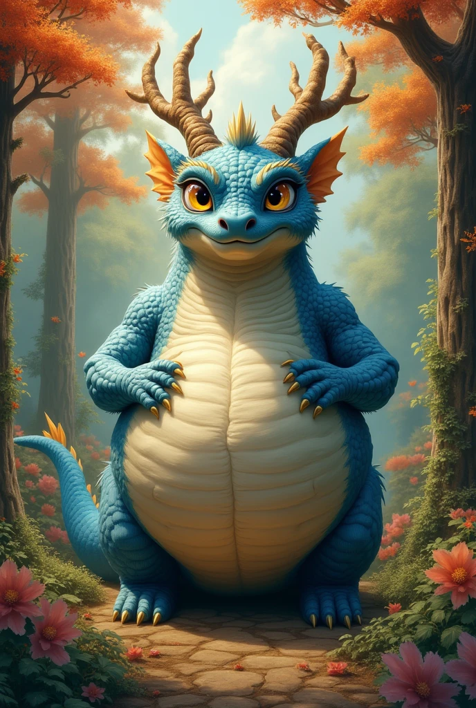 Anthropomorphic Eastern dragon furry, Obese, morbidly obese, massive stomach, golden eyes, blue grey scales and branch like horns. Standing. 2000lbs. 