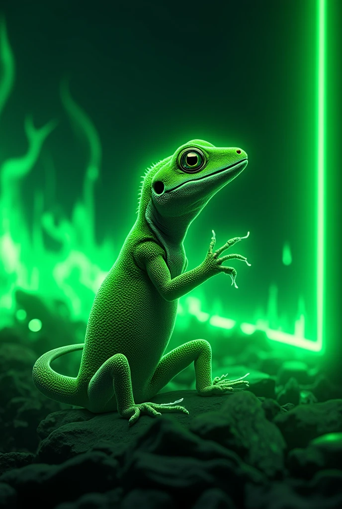 green neon electric gecko with full background of green fire and name of “Gico”, logo, green neon outline, suitable for gaming