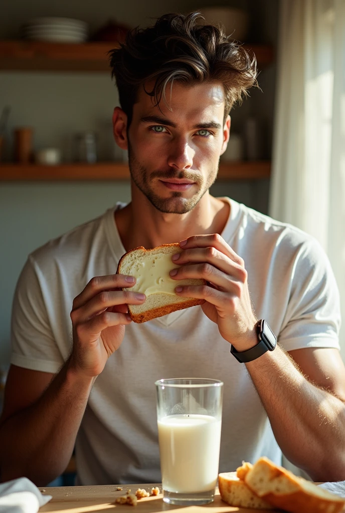 A beautiful man chewing pumping milk