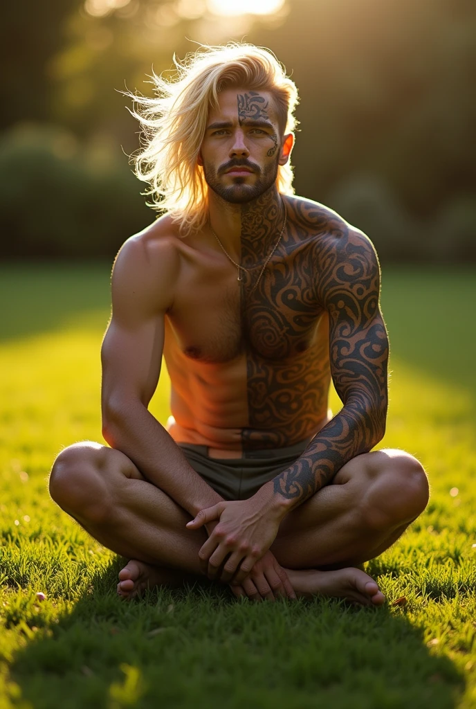 Kneeling male figure as a deity on a lawn, Half and half blonde and brown hair, tattoos on your face, image depicting a good side and a bad side