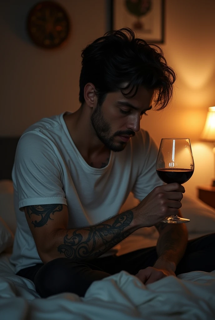 Handsome dark-haired man with short hair,tatuados,sad drinking wine in bed at home