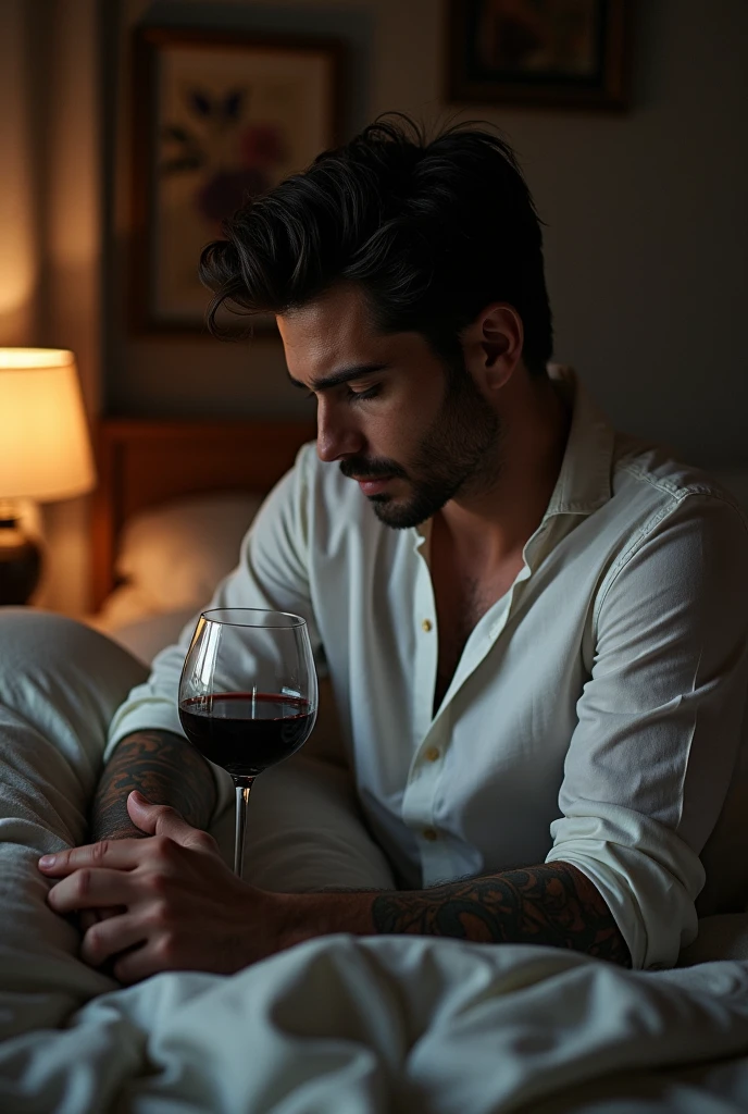 Handsome dark-haired man with short hair,tatuados,sad drinking wine in bed at home