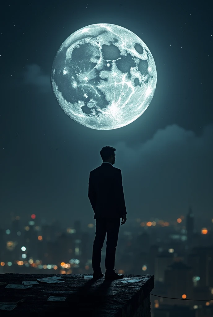 Man dressed in black looking at the moon made of money