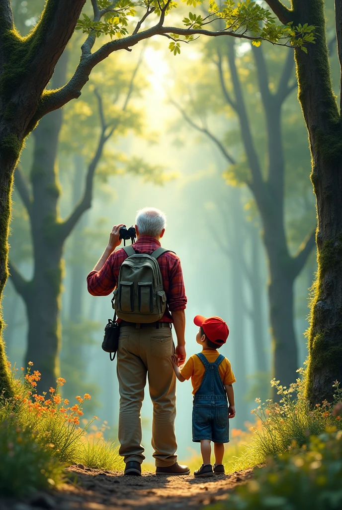Un grand père et son petit fils sont en pleine forêt et regardent aux jumelles au loin. On les voit de dos