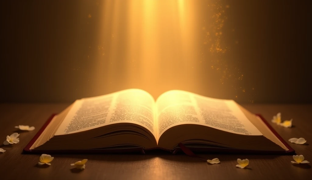An open Bible with light emanating from it, representing divine wisdom. warm colours, like gold and brown. Calm and reverent style, evoking feelings of faith and reflection.