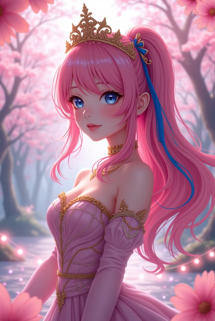 Anime girl with pink hair, a blue streak, and a crown, wearing a cleavage-revealing dress.