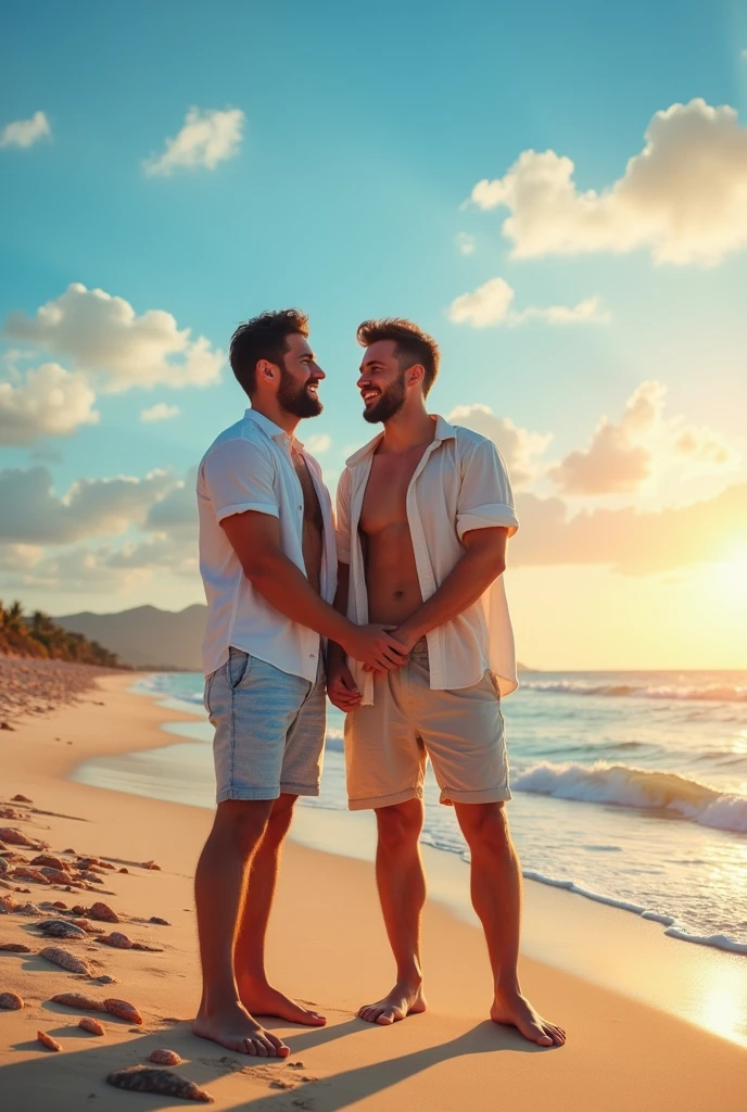 A young white man with his boyfriend on a beach