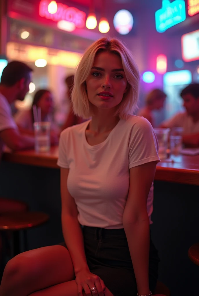 A beautiful sexy American blonde woman with short hair sitting at a bar, wearing a t-shirt and a skirt with people in the background