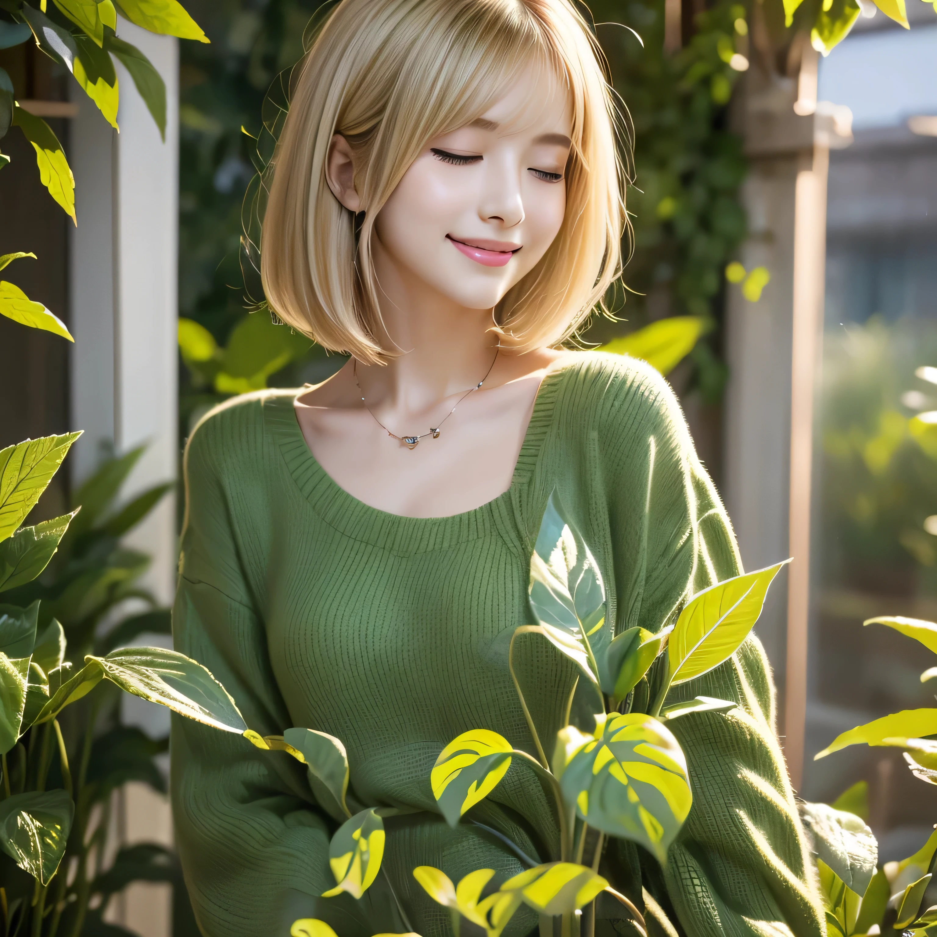 ((Highest quality))、(masterpiece:1.4)、RAW Photos、8k、((Best image quality))、 ((High resolution))、Beautiful face in every detail、realistic human skin、Gentle expression、(one person:1.4, one personの女性:1.3 )、Realistic、(Medium Hair:1.4, bionde:1.3)、(Beautiful woman)、(Cute Japanese:1.3)、(B cup bust:1.3、Balanced style:1.2)、((mannish))、((Beautiful woman))、(Beautiful Hair)、(Show your forehead)、(((Red cheeks)))、(Her eyes are big:1.3)、20 year old beauty、(Her face is small:1.3 )、Small Head、(Long neck:1.3)、necklace、((botanical garden))、(T-shirts)、((A lot of houseplants))、(Touching a leaf with your hand:1.3)、((Close your eyes and smile broadly))、(popular person)、(Dynamism:1.3)、(Larger clothes)