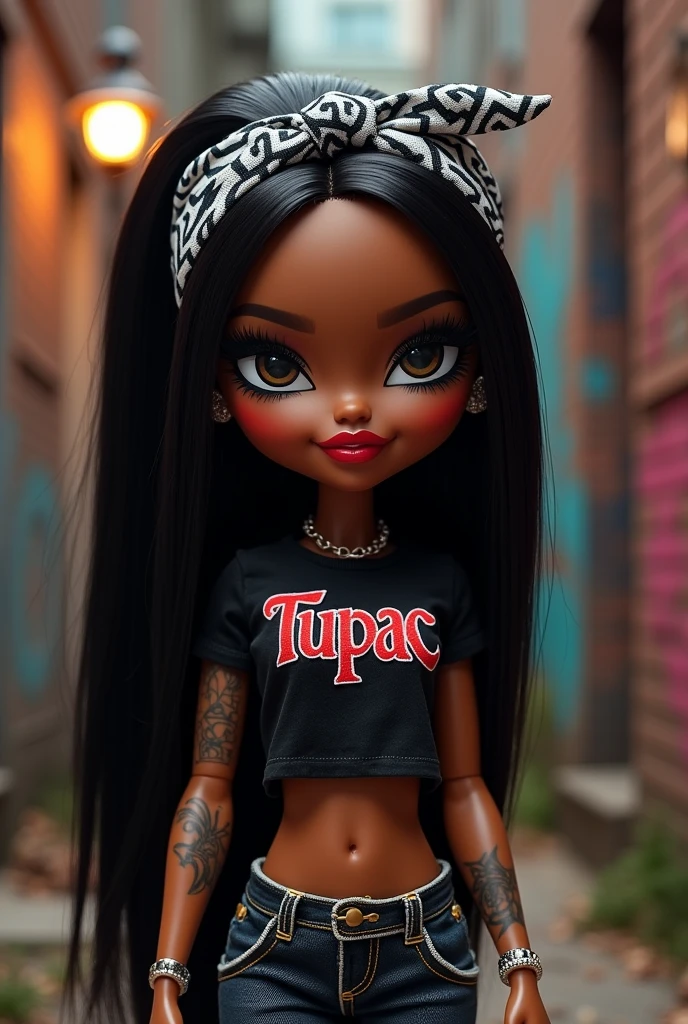 Brown Bratz with black straight hair, very thick and red lips, slanted eyes with lots of long black eyelashes. Tattoos on the arms, black Tupac shirt, black and white bandana on the head. Red and long nails
