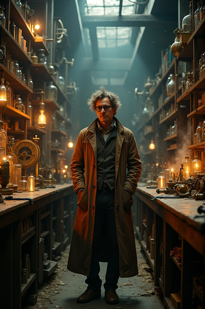 A scientist, the Time Traveler, in his laboratory with his time machine. The machine is full of gears and clocks.