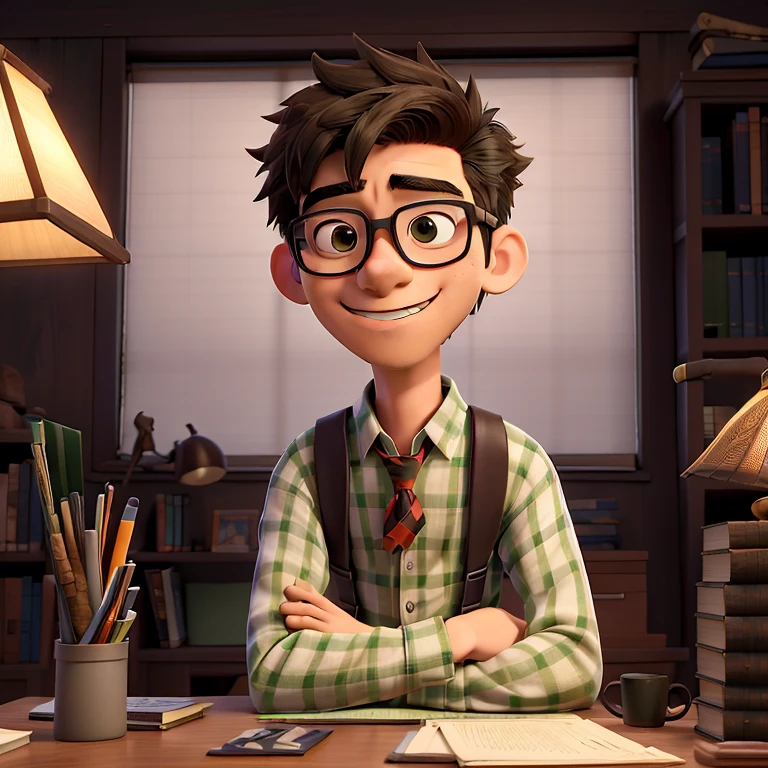 a teenage boy with glasses，Samurai style hair，Individual，a checkered shirt with suspenders, calsa e cuturno, sitting at a desk in the library of Alexandria, with books on the table, a pen in his mouth, a green library lamp,