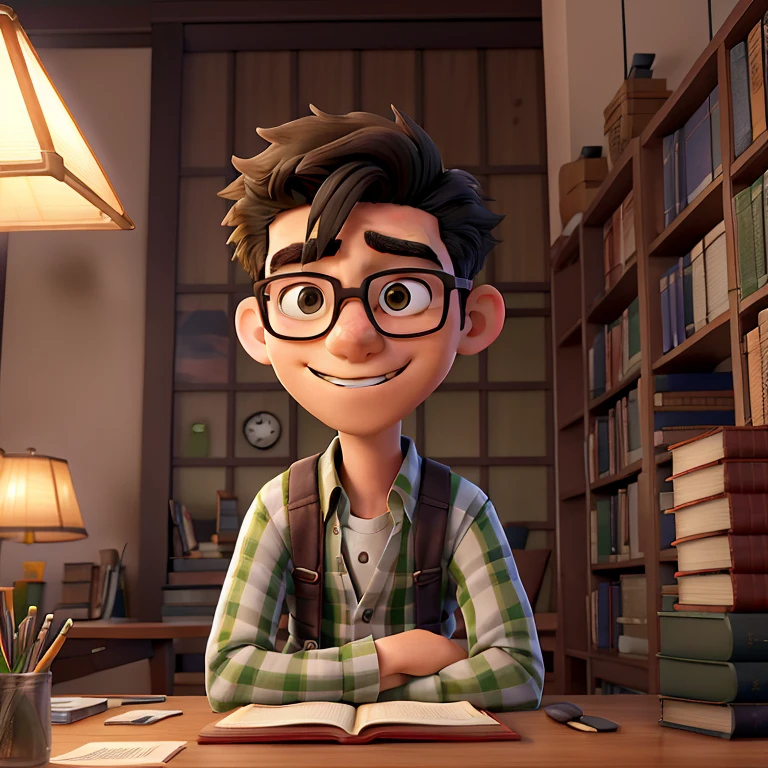 a age boy with glasses,Samurai style hair,Individual,a checkered shirt with suspenders, calsa e cuturno, sitting at a desk in the library of Alexandria, with books on the table, a pen in his mouth, a green library lamp,