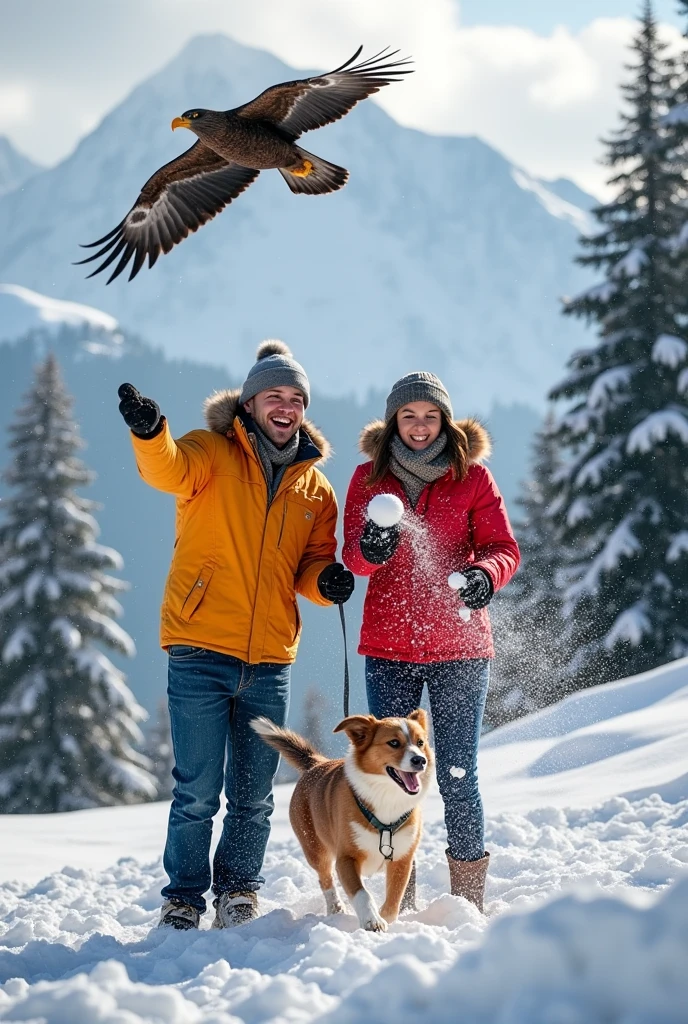 A couple in snowfall on a mountain having fun and a dog is running around them eagle is in the air