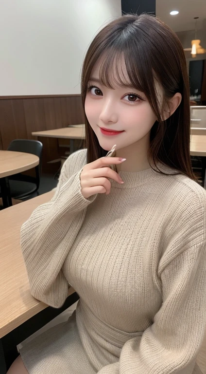 Tabletop, Highest quality, shape, Very detailed, In detail, High resolution, 8k wallpaper, Perfect dynamic composition, Beautiful attention to detail, Natural Lip, Knitted dress , Random sexy poses, whole body, Moe sleeves,Cute smile,