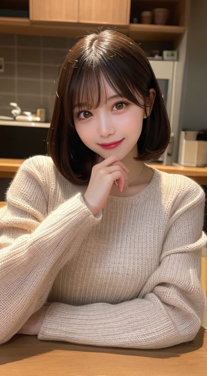 Tabletop, Highest quality, shape, Very detailed, In detail, High resolution, 8k wallpaper, Perfect dynamic composition, Beautiful attention to detail,  Natural Lip, Knitted dress ,  Random sexy poses, whole body, Moe sleeves,Cute smile,
