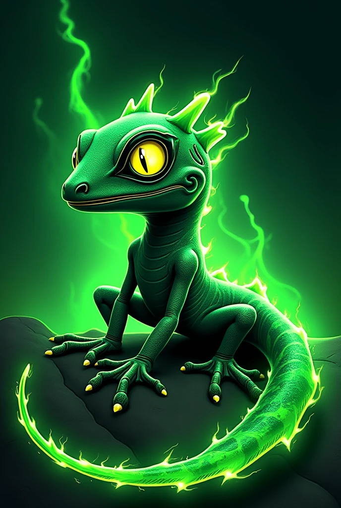 green neon electric gecko with full background of green fire and name of “Gico”, logo, green neon outline, suitable for gaming, animated