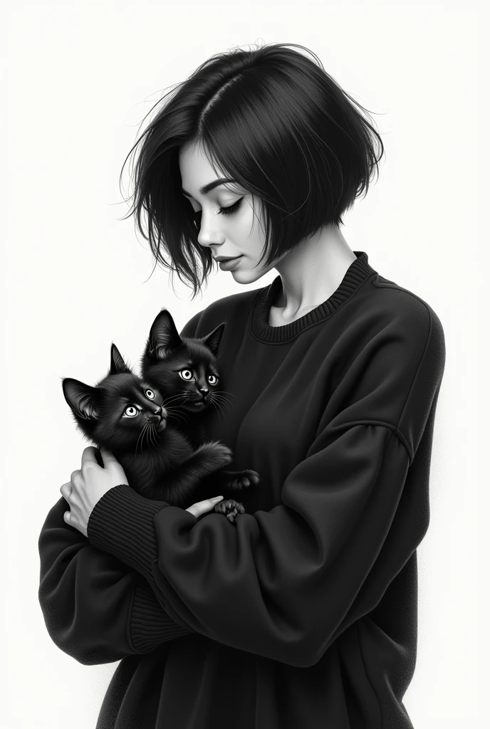 (Photorealism:1.2), black and white drawing of a tall woman, dressed in a black sweater, short black hair, looking tenderly at two black kittens who look at her.