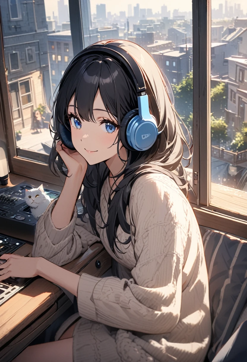 Beautiful woman, alone, A gentle smile on her face, Black Hair, blue eyes,Cat, Beautiful depiction,A woman sitting in front of a computer in a cozy bedroom, A woman listening to music in a cozy room. (noon), Use headphones, (beautiful noon views from windows), city,Very detailed