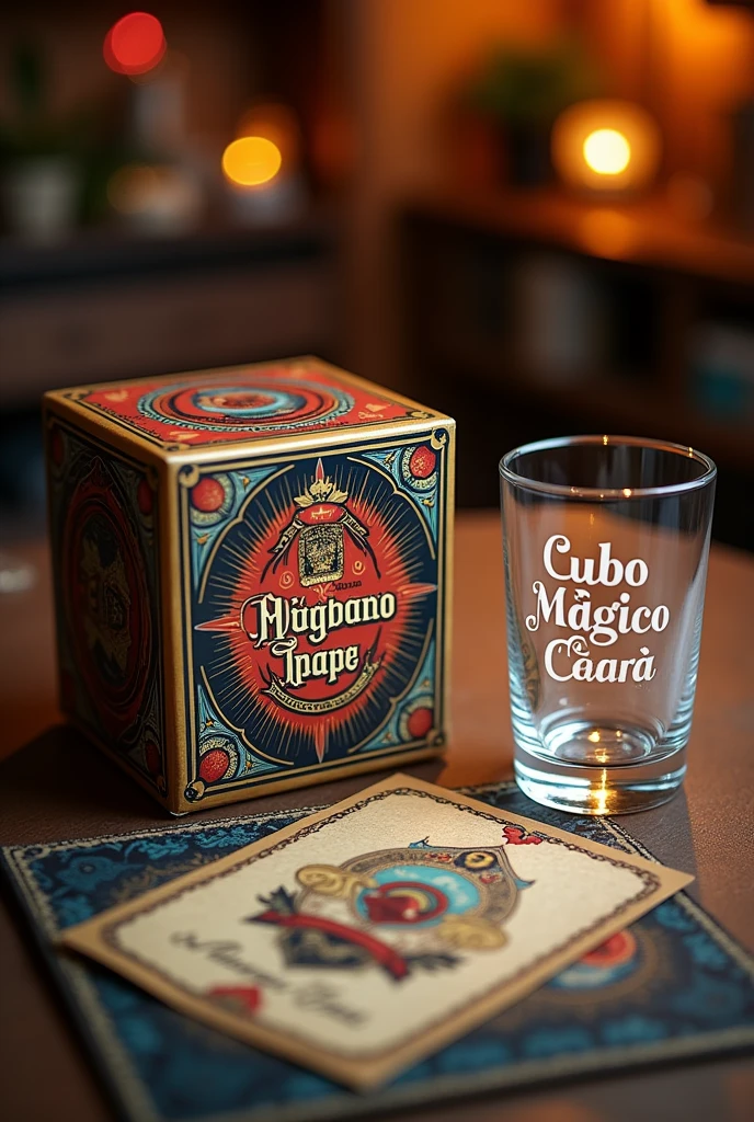 Create an image of a not very large box customized with the name "Cubo Mágico Ceará" and the magic cube design on the box. On the side of the box, there should be a glass with the name "Cubo Mágico Ceará" and a card.