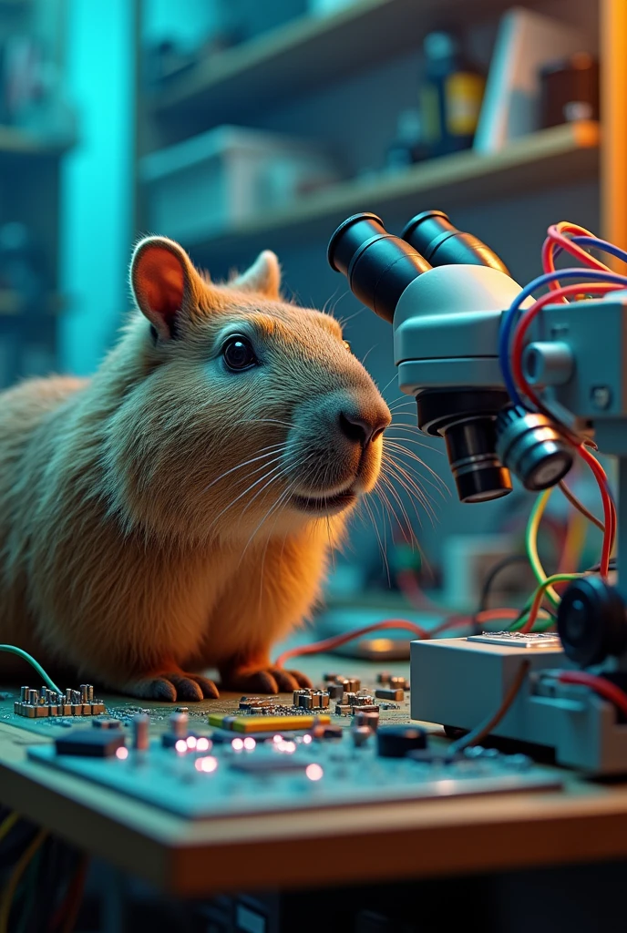 A capybara looks at a motherboard through a microscope. Style Photography
