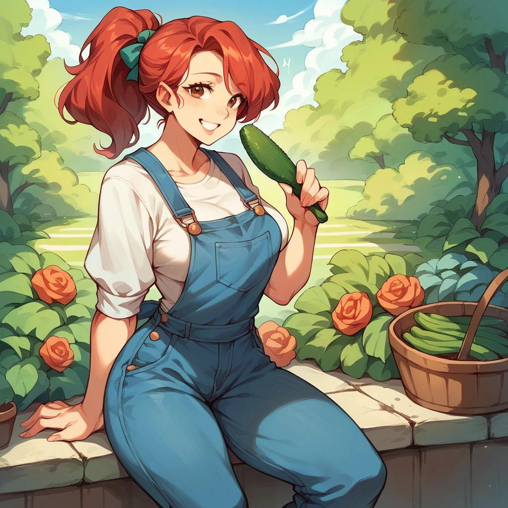 A MILF (in her early 40s) is in a vegetable garden, smiling at you as she tills the ground. she's wearing overalls. she has red hair tied into a ponytail while holding a cucumber.