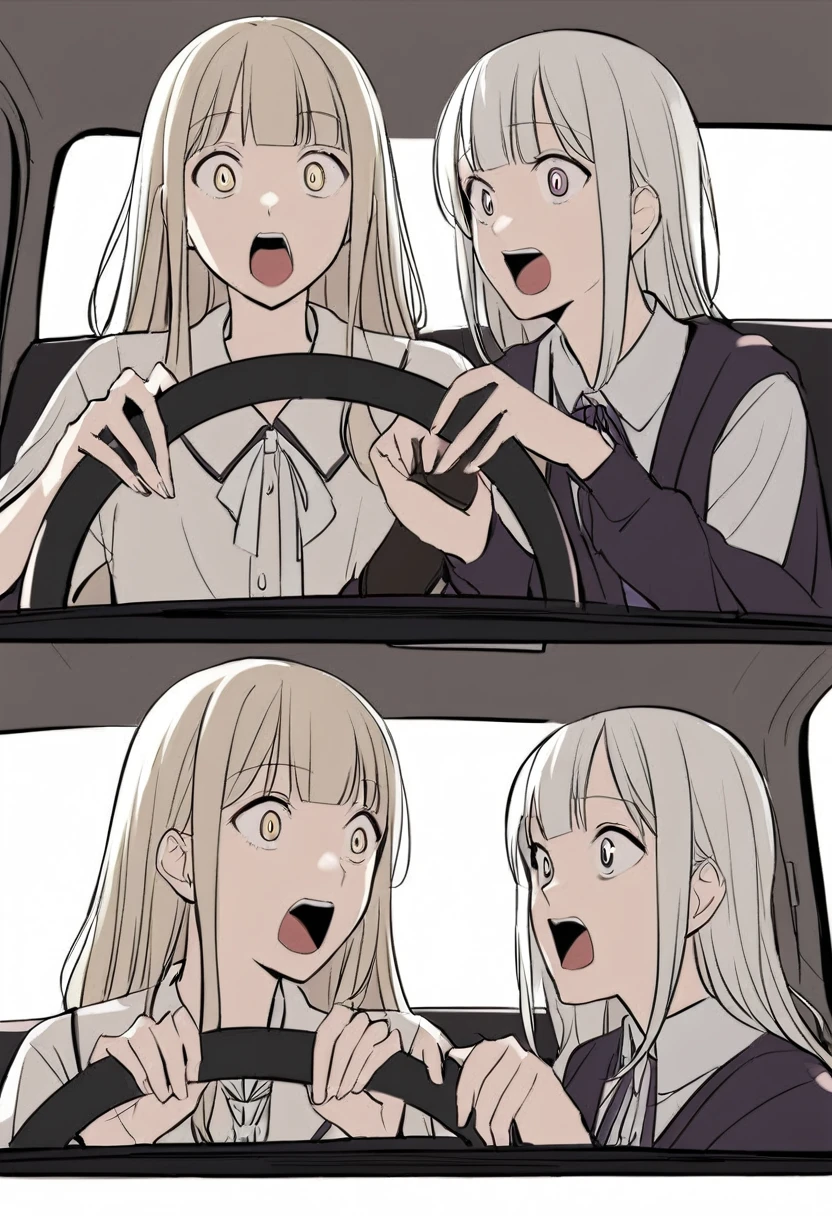 power_crashes_kobeni's_car_(meme), 2girls, (Juri Han left side, holding steering wheel:1.3), (Cammie White right side:1.3), perfect hands, inside car, shocked